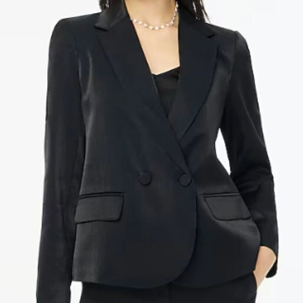 J CREW High Shine Double Breasted Black Blazer Women 8P Lined Business Party NEW